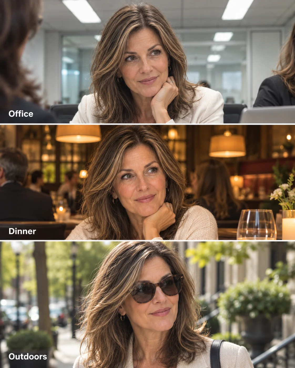 StrandVeil hair coverage shown in office, restaurant, and outdoor lighting conditions