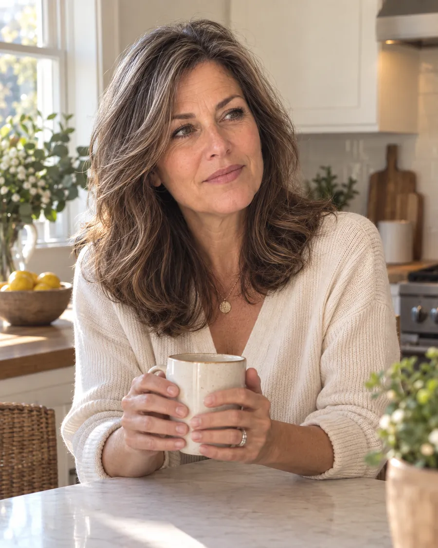 Woman enjoying a relaxed morning after adding StrandVeil to her getting-ready routine