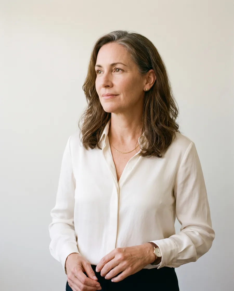 Professional woman with naturally styled hair in soft neutral lighting