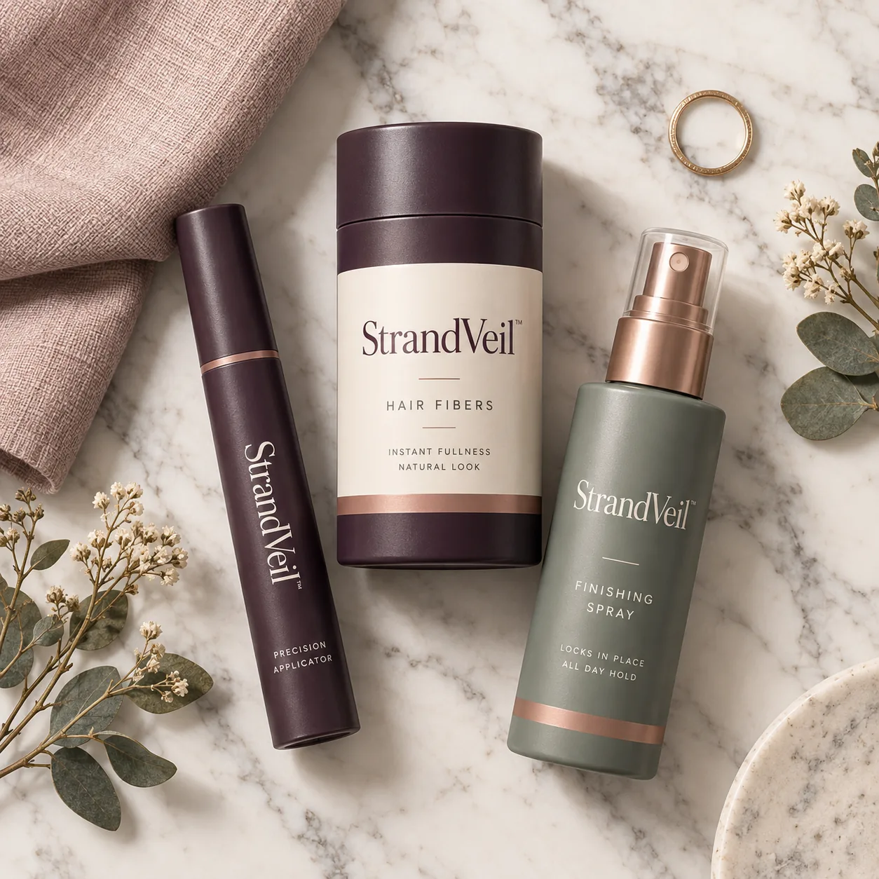 StrandVeil Full Coverage Kit with precision applicator, hair fibers, and finishing spray