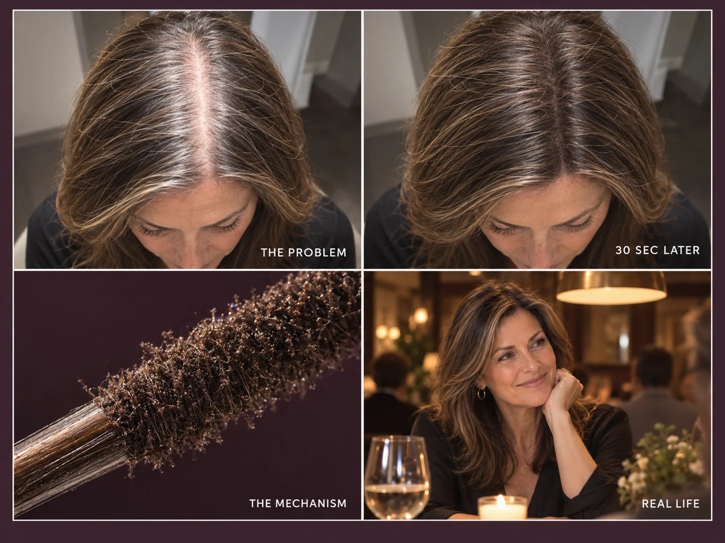 Four-panel StrandVeil demonstration showing visible scalp, 30-second result, fiber mechanism, and real-life appearance