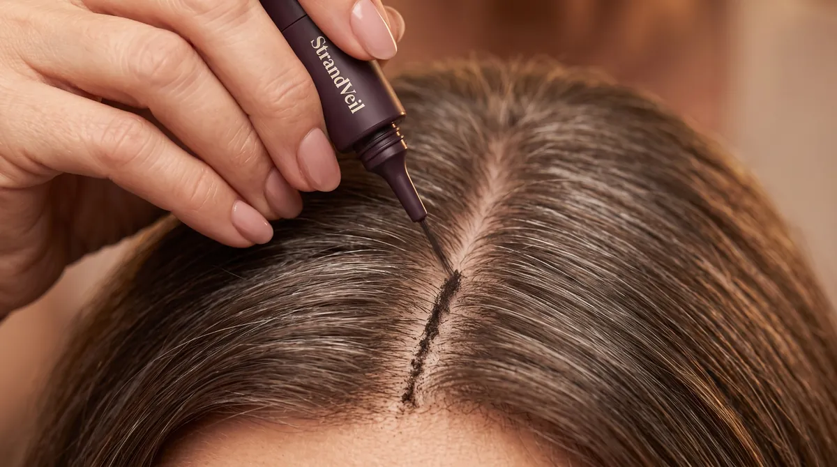 StrandVeil precision applicator targeting hair fibers along a visible part line