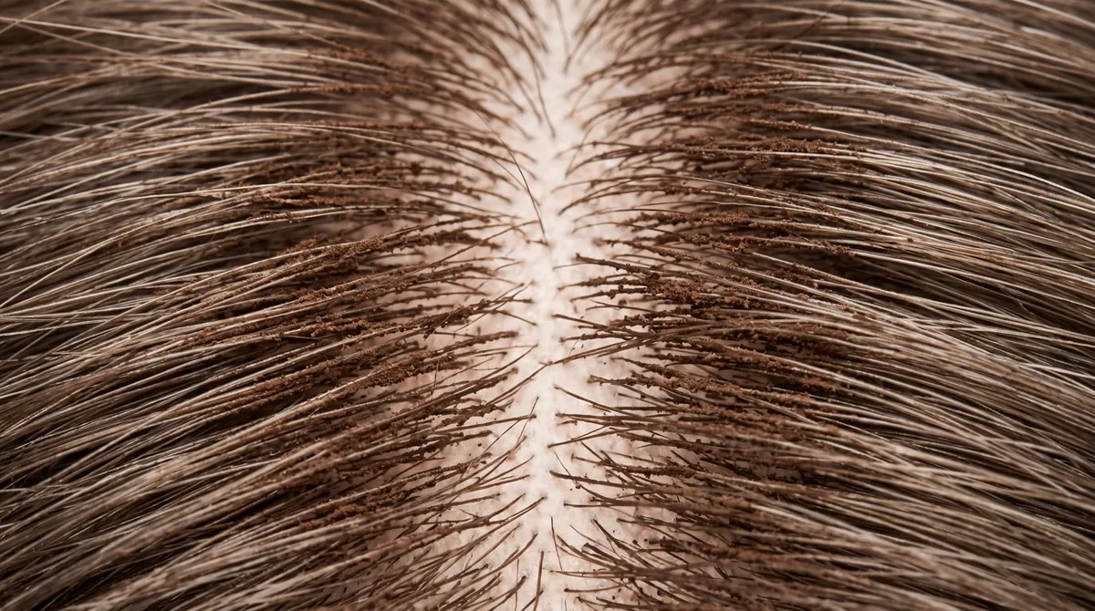 Macro view of StrandVeil hair fibers distributed around existing hair strands