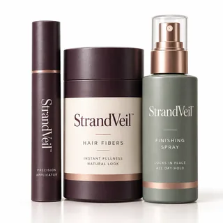 One StrandVeil Full Coverage Kit with precision applicator, hair fibers, and finishing spray