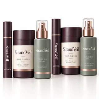Two StrandVeil Full Coverage Kits with precision applicators, hair fibers, and finishing sprays