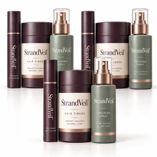 Three StrandVeil Full Coverage Kits with precision applicators, hair fibers, and finishing sprays